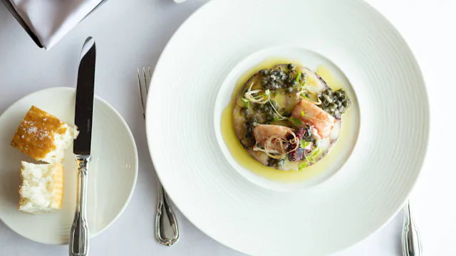 Crystal Cruises - Lobster & Octopus Poached Lobster Medallion & Slow Steamed and Compressed Octopus with Crisp Shallots & Olive-Thyme Vinaigrette