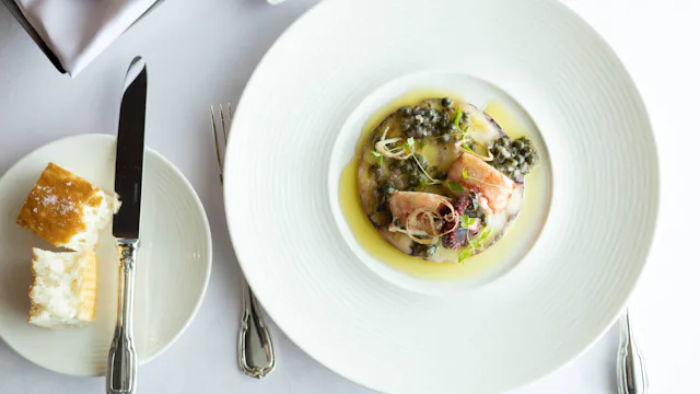 Crystal Cruises - Lobster & Octopus Poached Lobster Medallion & Slow Steamed and Compressed Octopus with Crisp Shallots & Olive-Thyme Vinaigrette