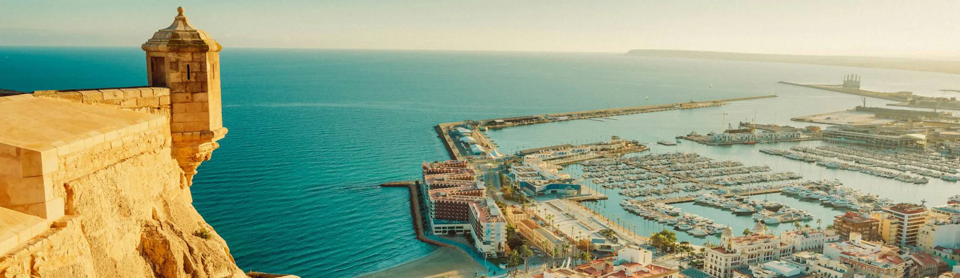 View over Alicante cruise port at sunset