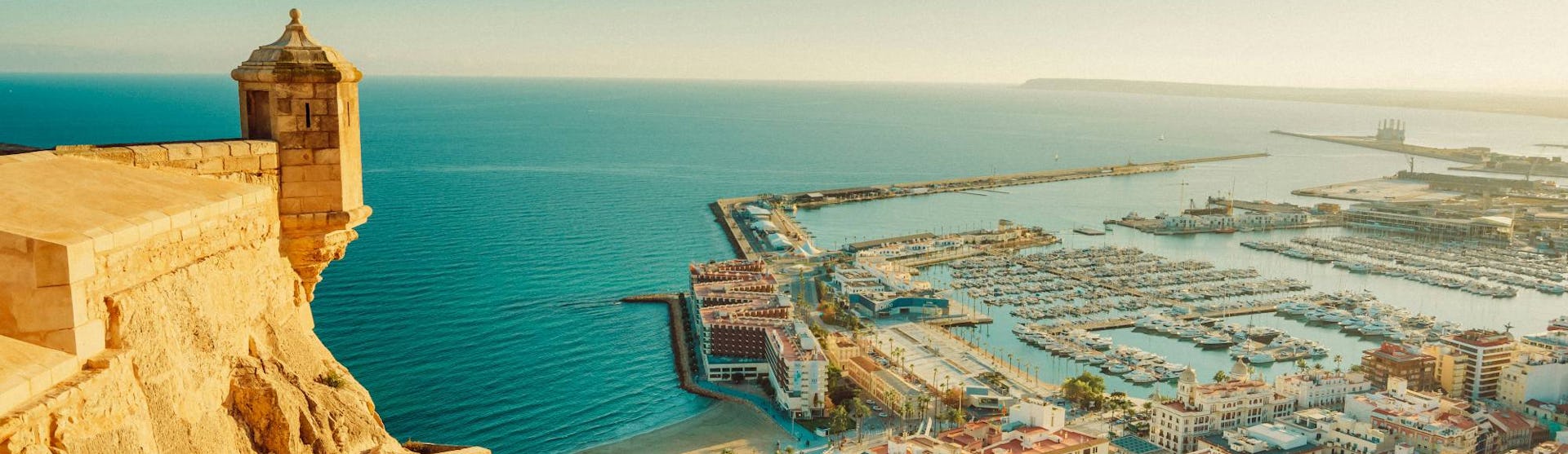 View over Alicante cruise port at sunset