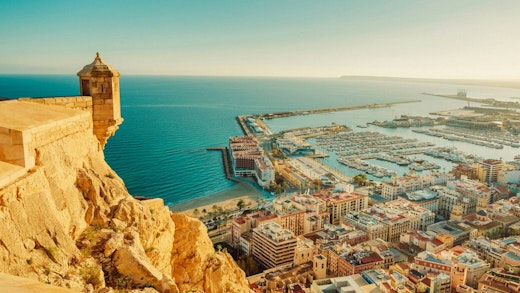 View over Alicante cruise port at sunset