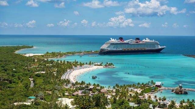 Aerial view of Disney Wish at Castaway Cay