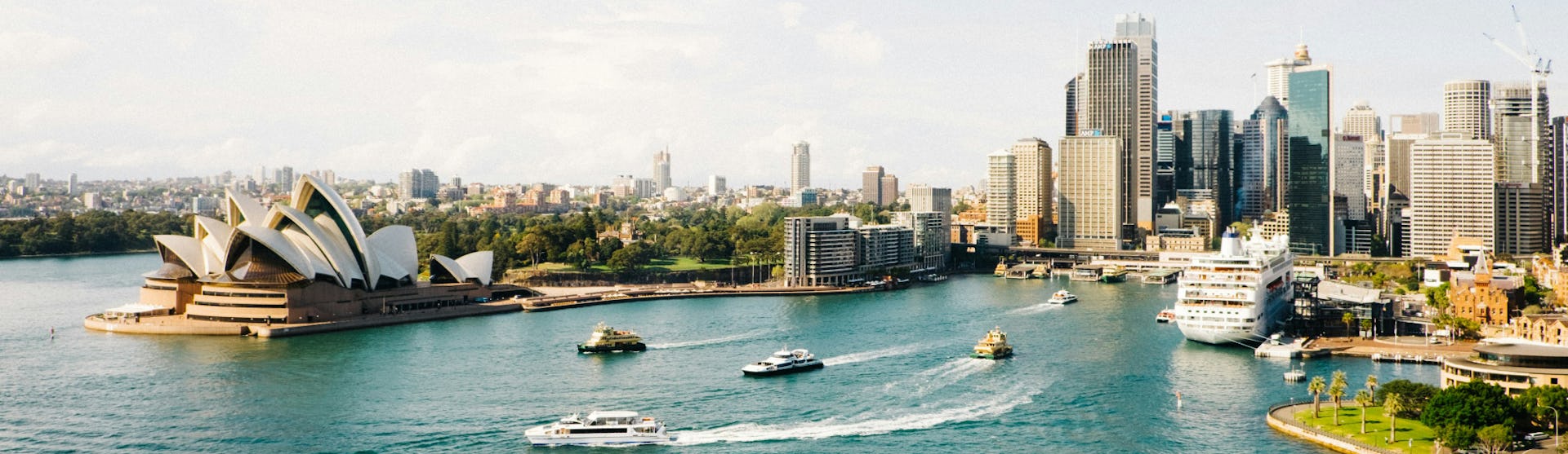 View of Sydney harbour, with the famous Opera House and cruise ship in port