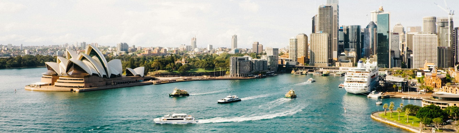 View of Sydney harbour, with the famous Opera House and cruise ship in port