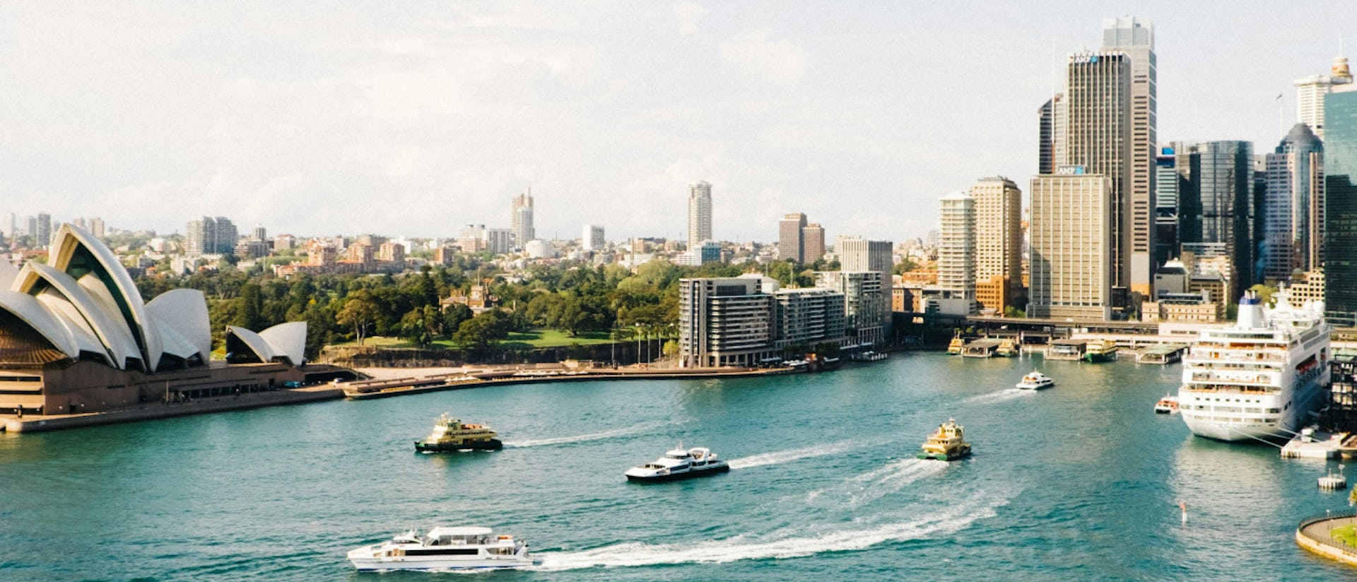 View of Sydney harbour, with the famous Opera House and cruise ship in port