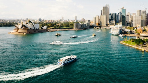 View of Sydney harbour, with the famous Opera House and cruise ship in port