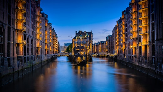 Hamburg's canals and waterways at night