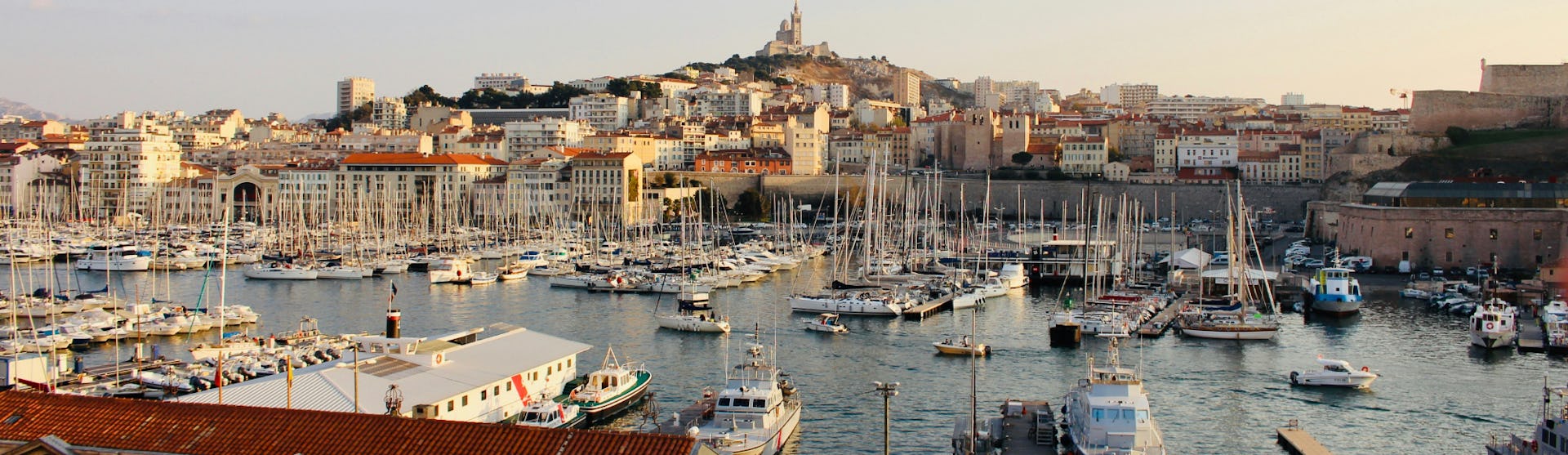 View of Marseille old town and the port with cathedral in the background