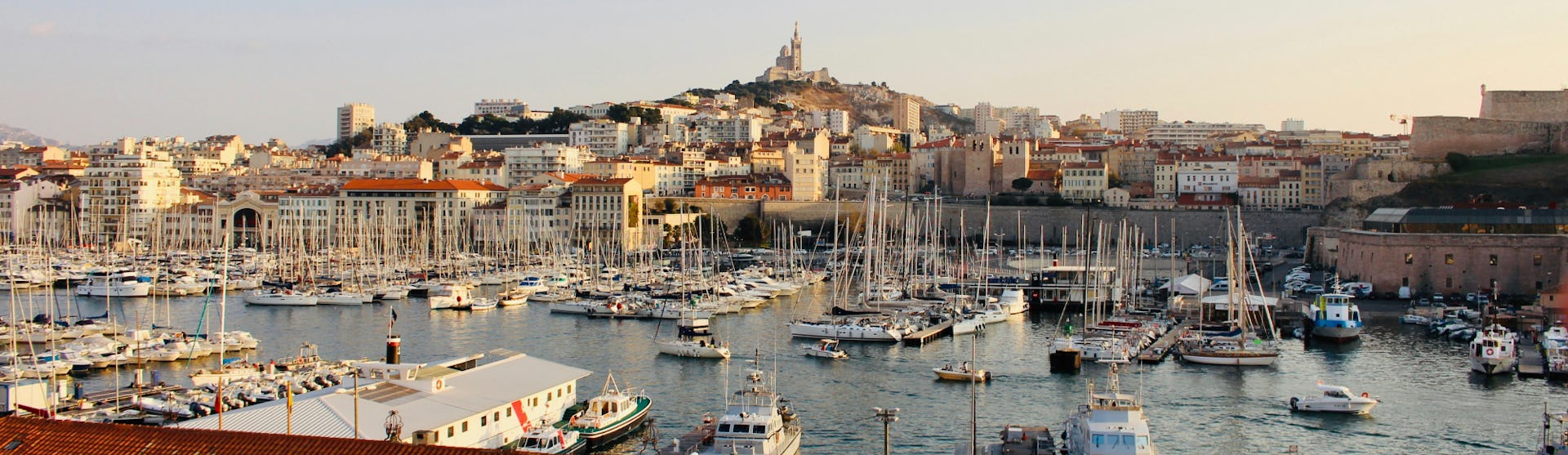 View of Marseille old town and the port with cathedral in the background