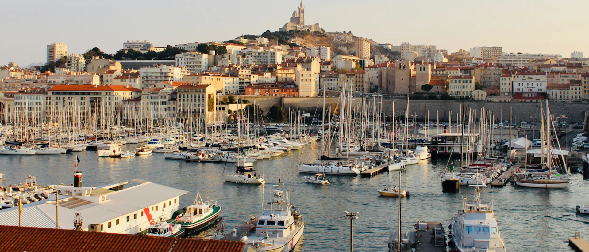 View of Marseille old town and the port with cathedral in the background