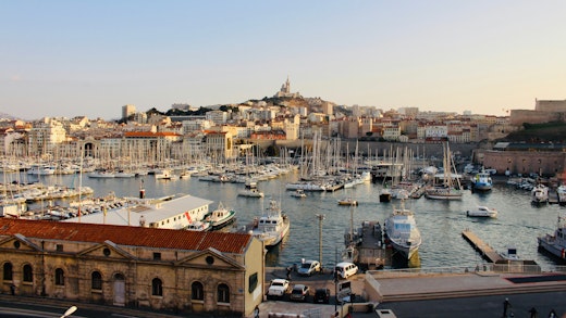 View of Marseille old town and the port with cathedral in the background