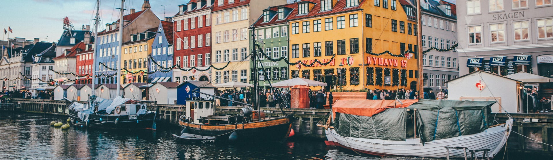 Views of the colourful houses along the canals of Copenhagen, Denmark