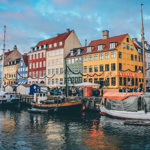 Views of the colourful houses along the canals of Copenhagen, Denmark