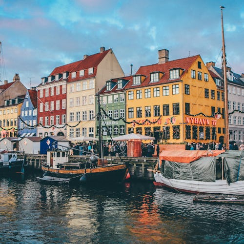 Views of the colourful houses along the canals of Copenhagen, Denmark
