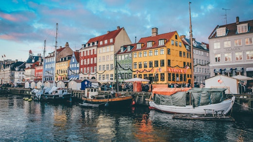 Views of the colourful houses along the canals of Copenhagen, Denmark