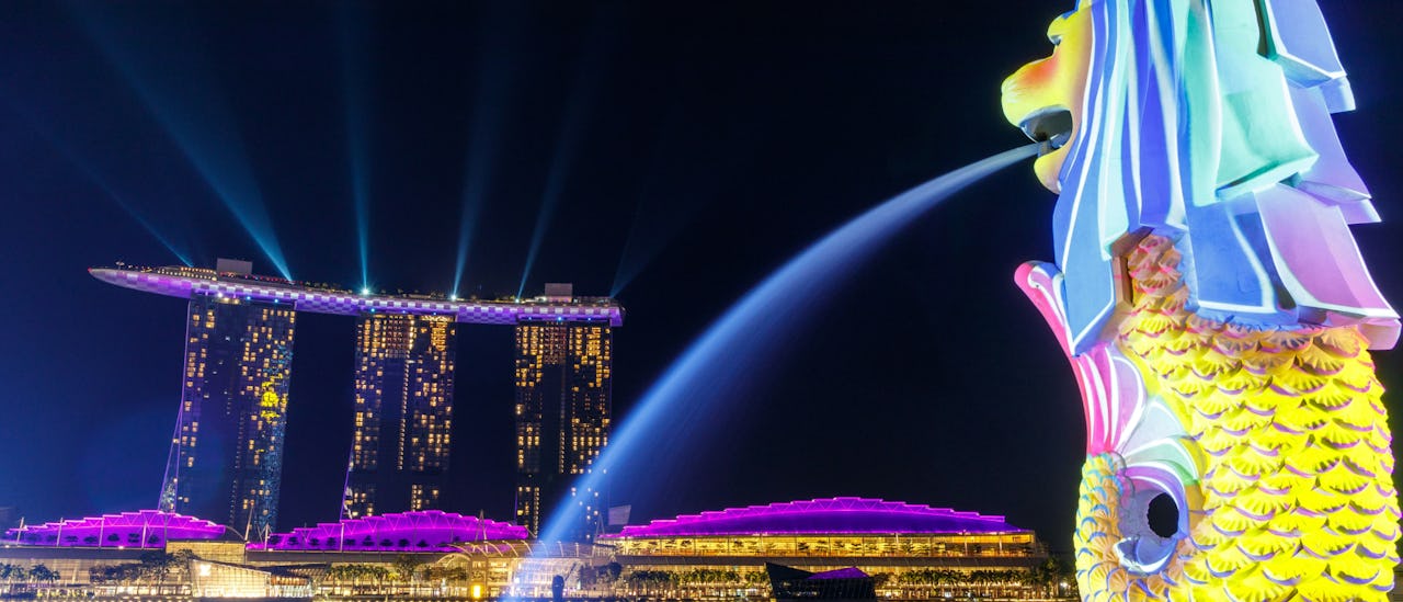 View of the Marina Bay Sands hotel in Singapore at night.