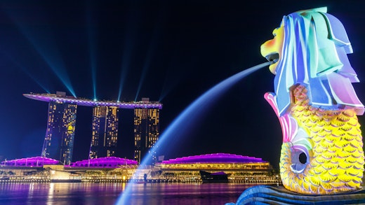 View of the Marina Bay Sands hotel in Singapore at night.