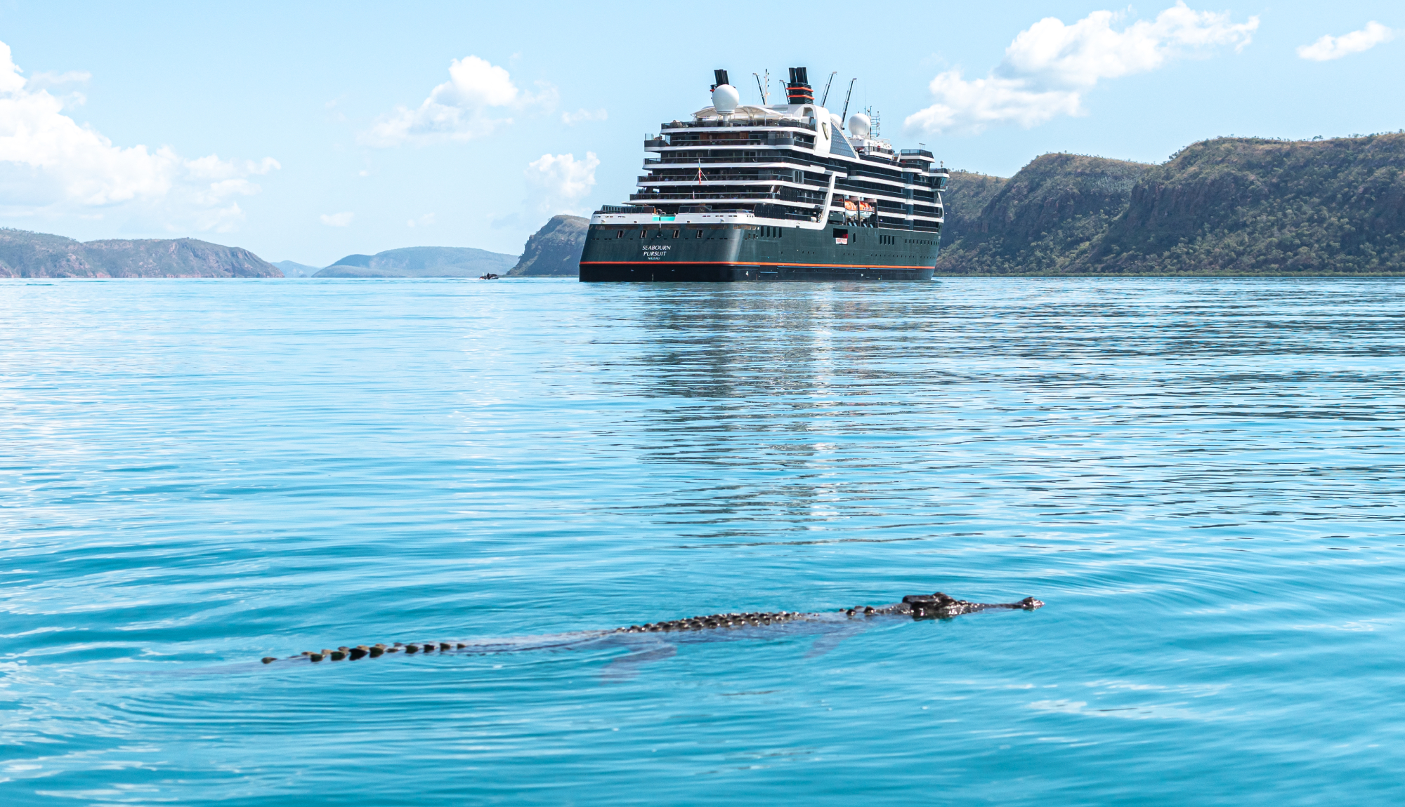 A crocodile swimming in front of Cyclone Creek, in the Kimberley region of Australia