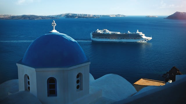 Emerald Princess sailing in Santorini