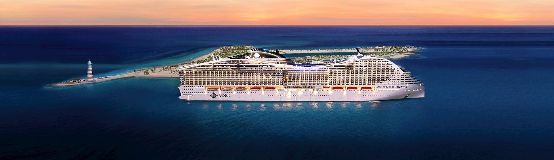 MSC Cruises newest ship MSC World America docked at Ocean Caye