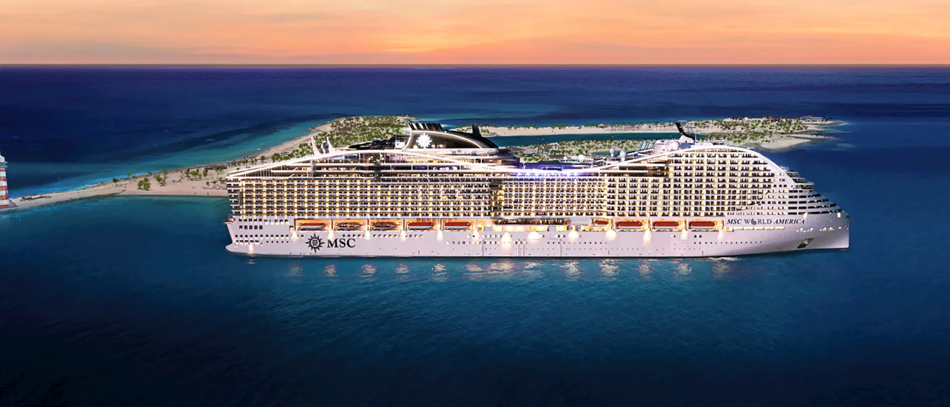 MSC Cruises newest ship MSC World America docked at Ocean Caye