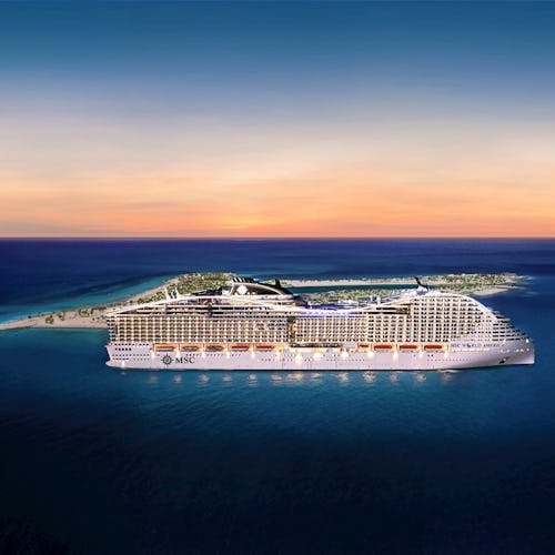 MSC Cruises newest ship MSC World America docked at Ocean Caye