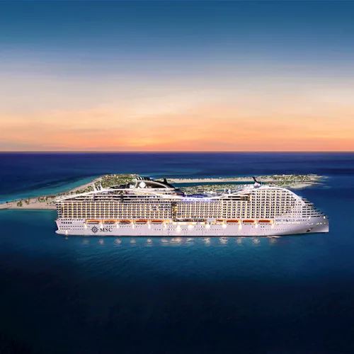 MSC Cruises newest ship MSC World America docked at Ocean Caye