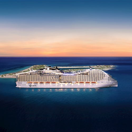 MSC Cruises newest ship MSC World America docked at Ocean Caye