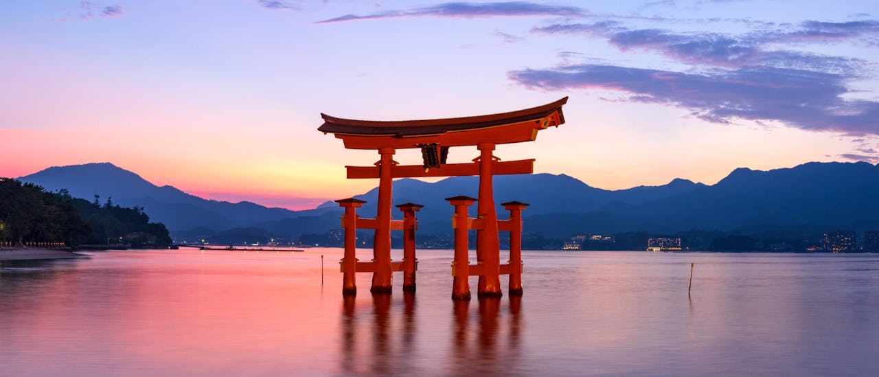 Itsukushima Shrine in Hiroshima at magic hour.