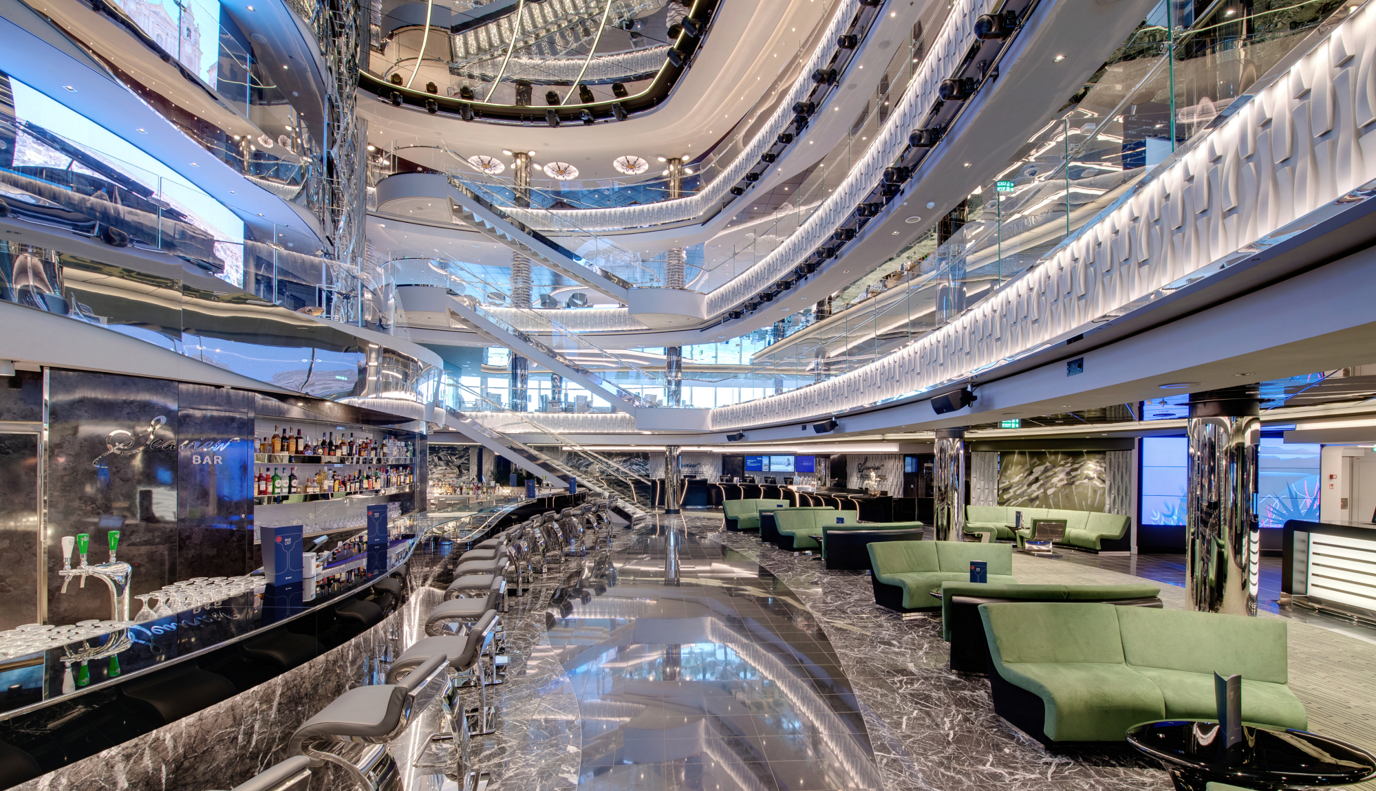 MSC Seaview - Seaview Bar Public areas Atrium Sitting area Bar counter Sign Stair