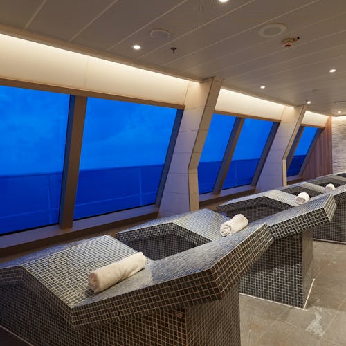 Hot stone beds in Cloud 9 Spa looking out to sea