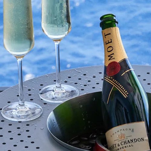 A bottle of Moet Champagne in the Rockstar Quarters