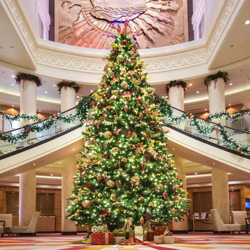 Christmas tree in the atrium onboard a Cunard ship