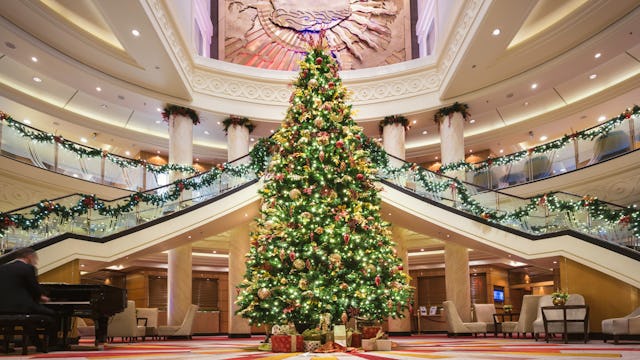 Christmas tree in the atrium onboard a Cunard ship