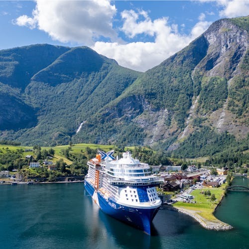 Celebrity Apex docked in the Norwegian port of Flam as part of a Norwegian Fjords itinerary, sailing from Southampton