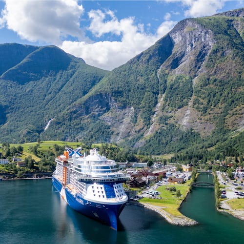 Celebrity Apex docked in the Norwegian port of Flam as part of a Norwegian Fjords itinerary, sailing from Southampton