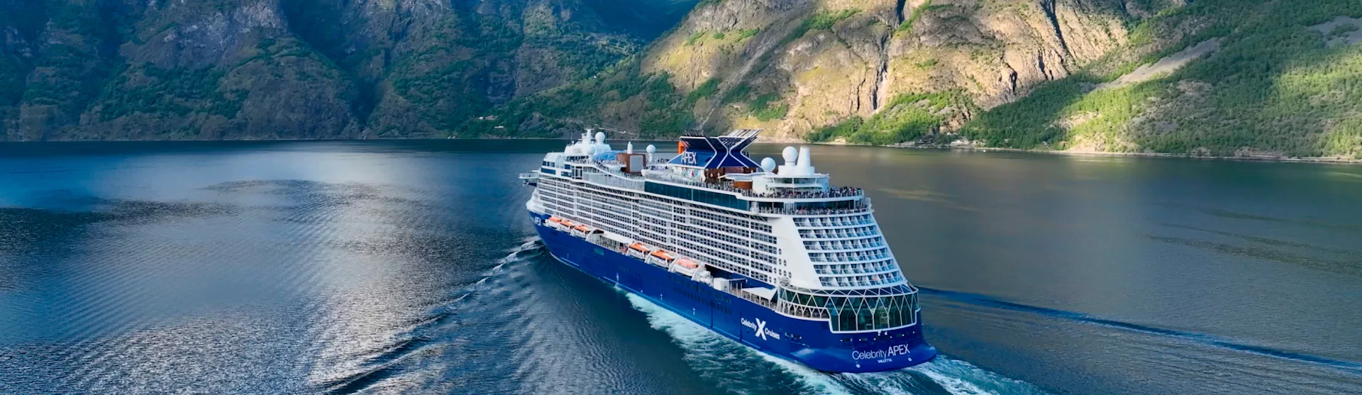 Celebrity Apex sailing to Flam, Norway, as part of a Norwegian Fjords itinerary, which includes Free Parking in Southampton