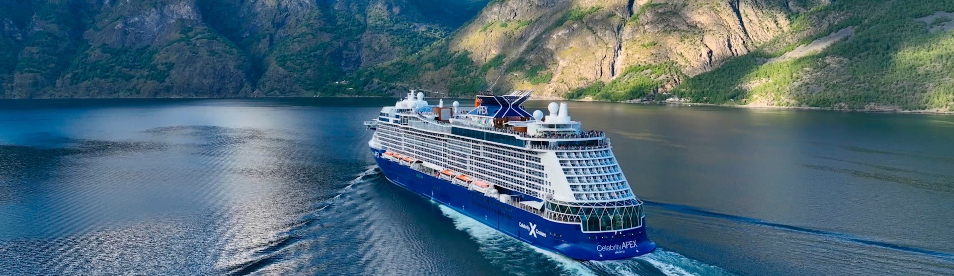 Celebrity Apex sailing to Flam, Norway, as part of a Norwegian Fjords itinerary, which includes Free Parking in Southampton