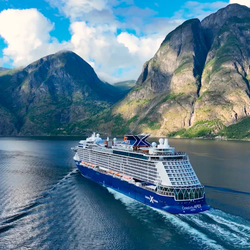 Celebrity Apex sailing to Flam, Norway, as part of a Norwegian Fjords itinerary, which includes Free Parking in Southampton