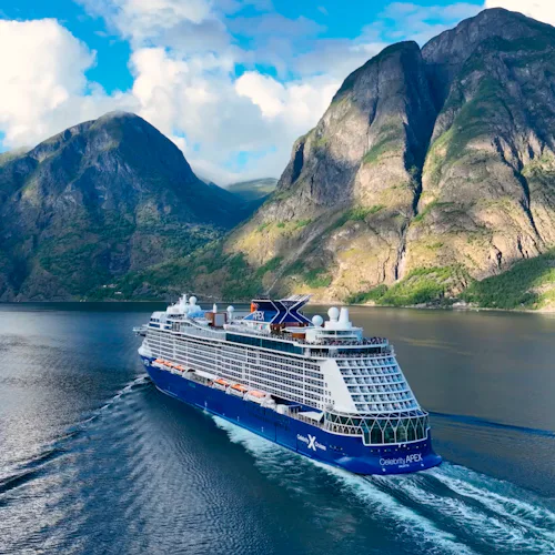 Celebrity Apex sailing to Flam, Norway, as part of a Norwegian Fjords itinerary, which includes Free Parking in Southampton