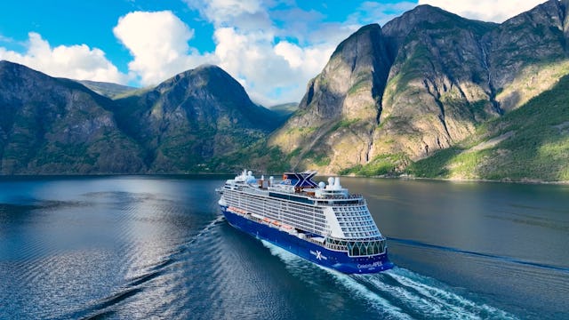 Celebrity Apex sailing to Flam, Norway, as part of a Norwegian Fjords itinerary, which includes Free Parking in Southampton