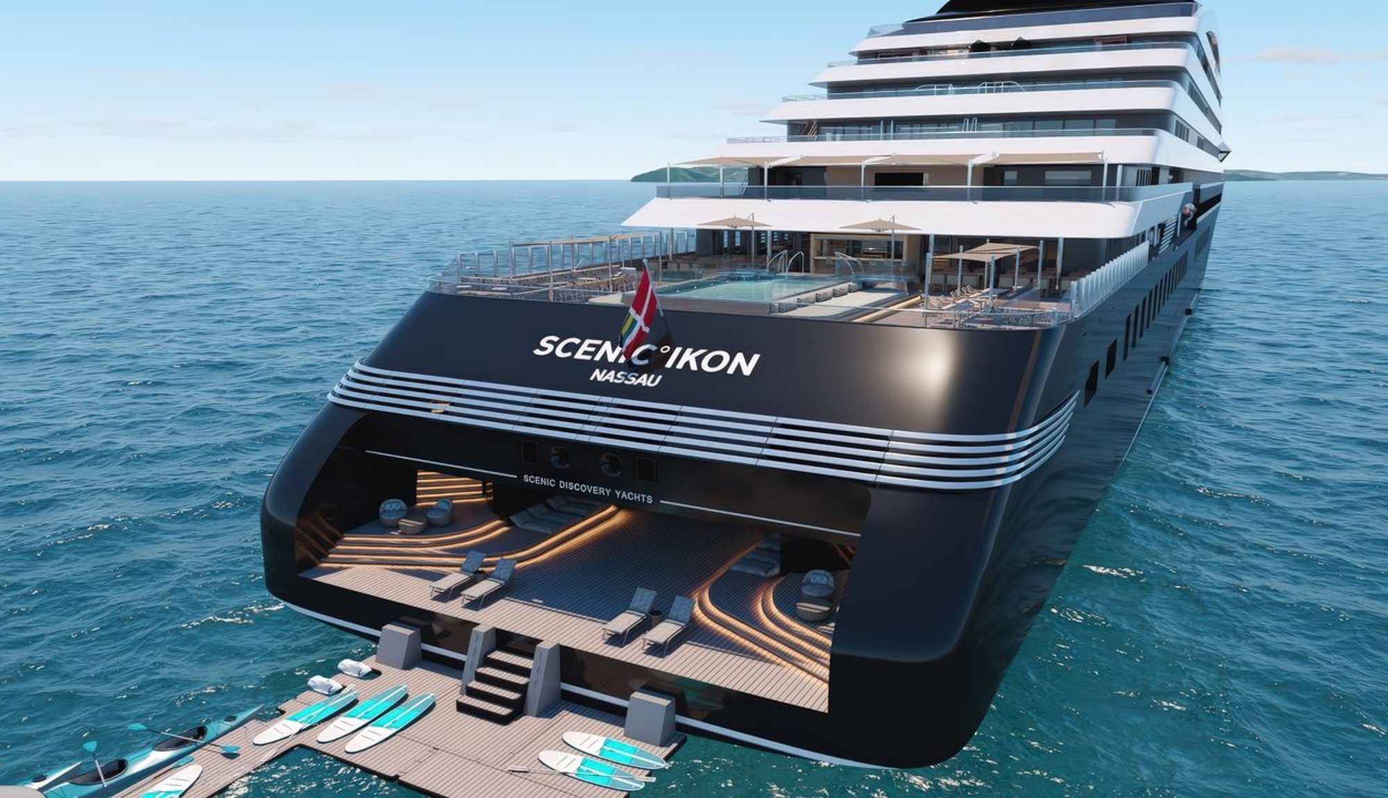 Scenic Ikon ship, back view with paddle boards and water sports