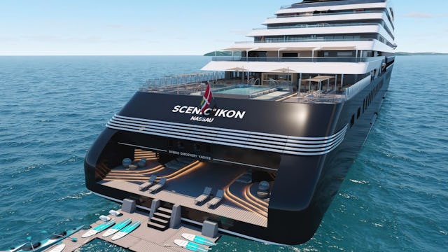 Scenic Ikon ship, back view with paddle boards and water sports