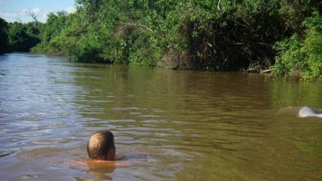 Marco from Paramount Cruises swimming with pink river dolphins in the Amazon
