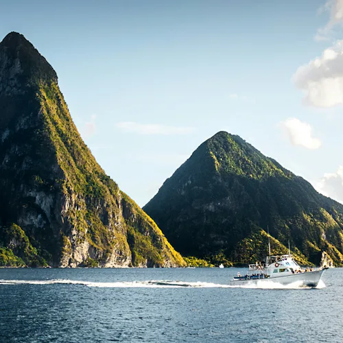 St Lucia Pitons in the Caribbean as seen from a cruise ship