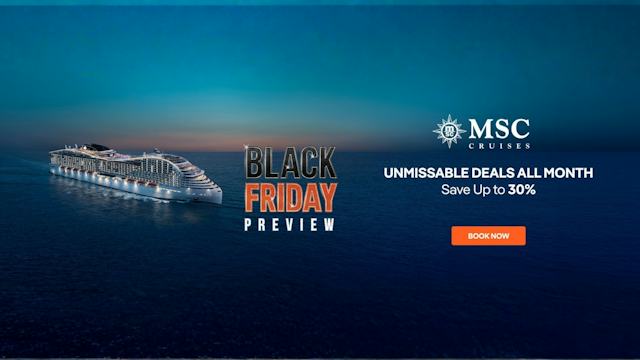 MSC Black Friday preview banner with unmissable deals all month - save up to 30%