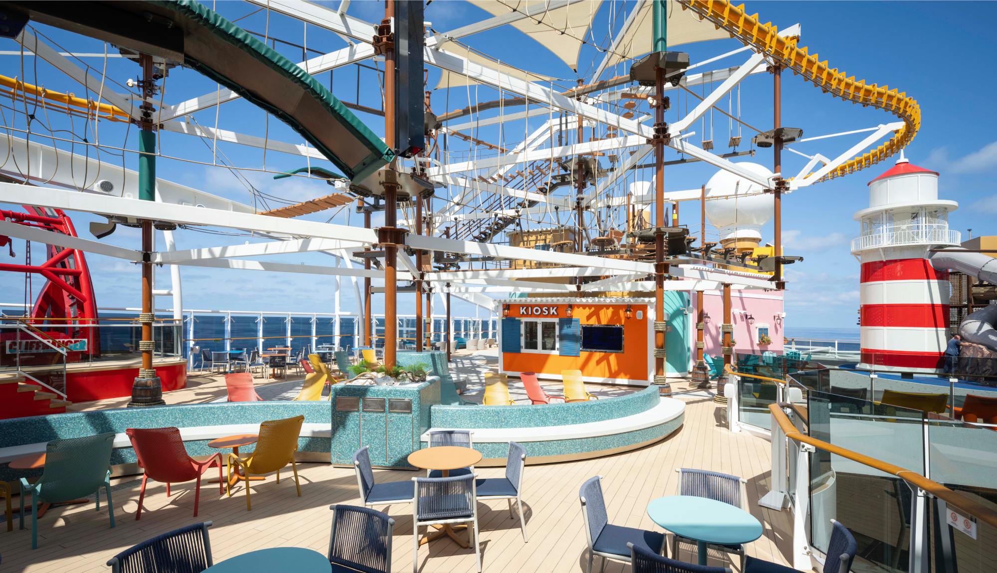 MSC World America - The Harbour Kiosk Sign High rupe course Public areas Sitting area Chair Table Lighthouse