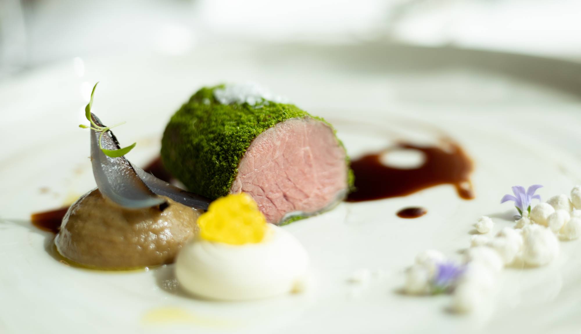 Crystal Cruises - Waterside Restaurant Australian Lamb Rib Eye Smoked Aubergine, Greek Yoghurt, Charred Onions 1