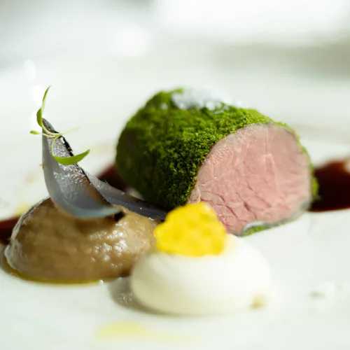 Crystal Cruises - Waterside Restaurant Australian Lamb Rib Eye Smoked Aubergine, Greek Yoghurt, Charred Onions 1