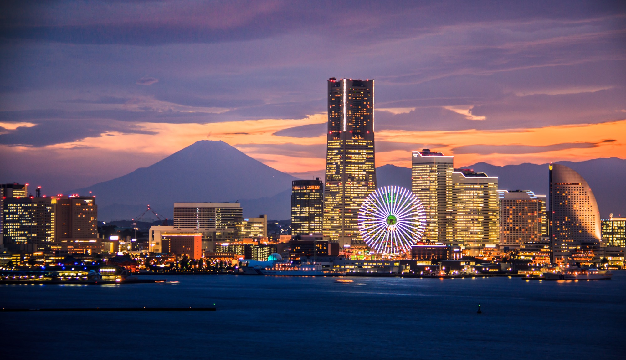 Tokyo Japan Yokohama Port, Minato Mirai and Mt. Fuji in Tokyo, Japan